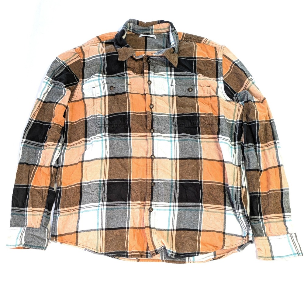 Sonoma Goods For Life Mens XL Plaid Flannel Button Up Shirt Orange Brown Black